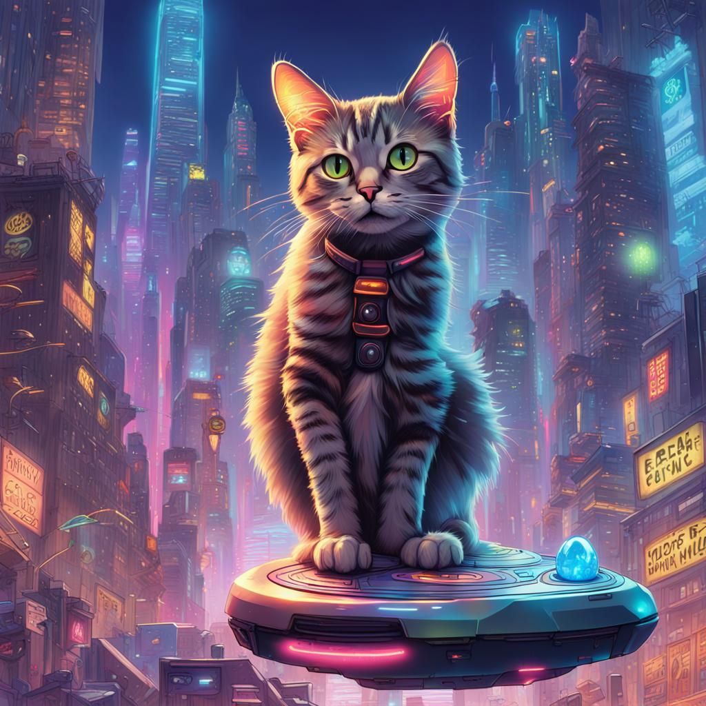 Cyberpunk Cat Gliding Through Neon Cityscape