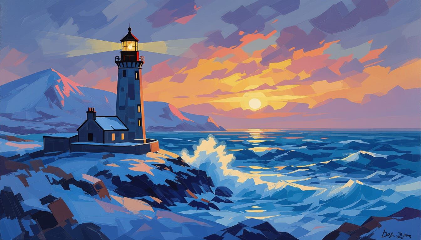 Scottish Lighthouse in Winter Landscape, Hockney Style