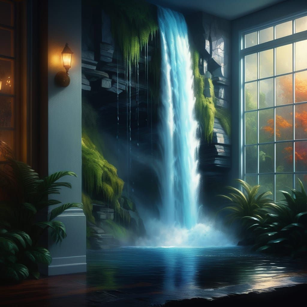 Waterfall Inside House: Vibrant Oil Painting
