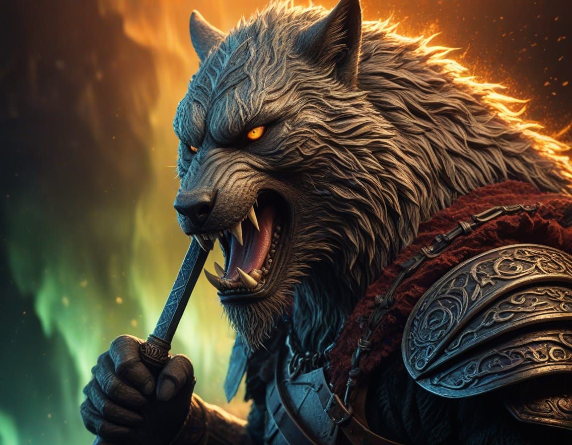 Garmr Bites a Sword: Dark Fantasy Norse Art