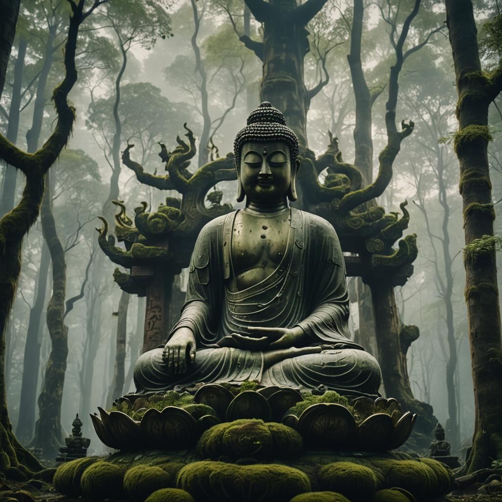 Monumental Buddha Statue in Dense Forest