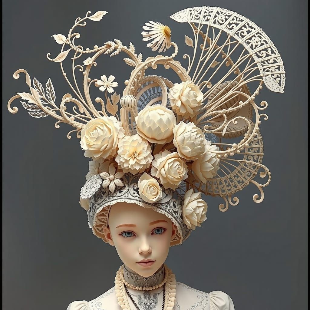 Girl with Elaborate Flower Hat in 3D Paper Art