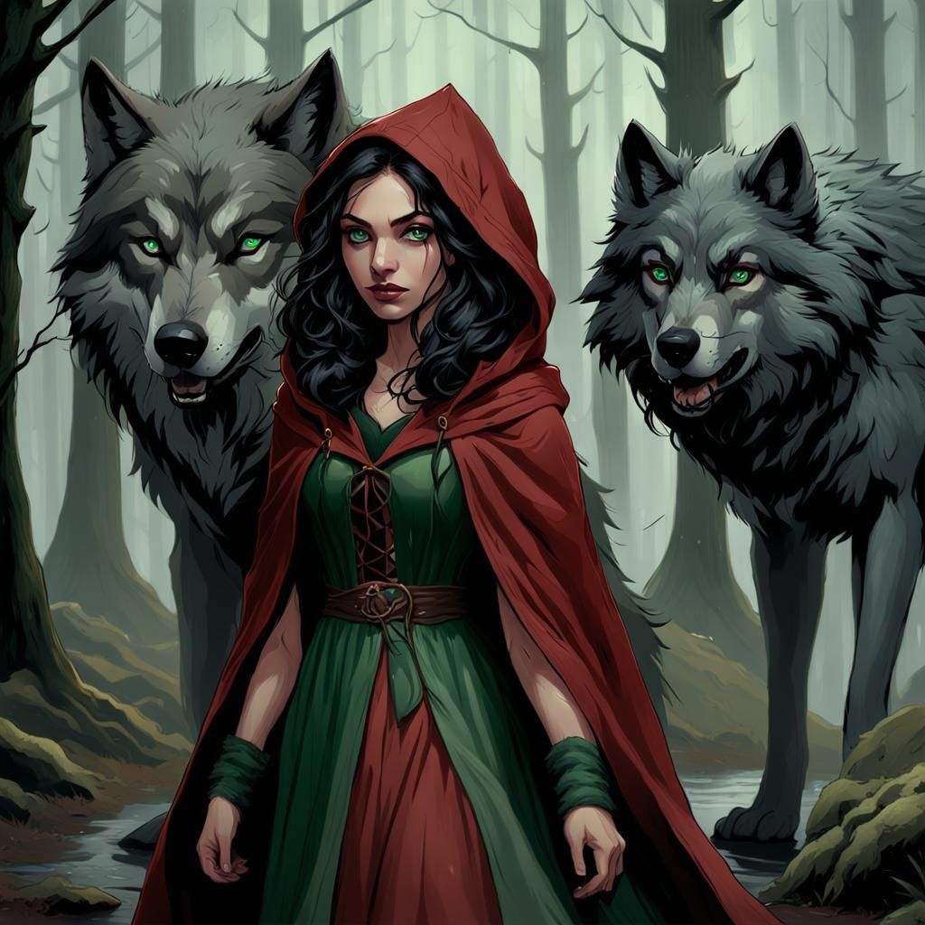 Red Riding Hood and Wolf Portrait, Detailed Digital Art