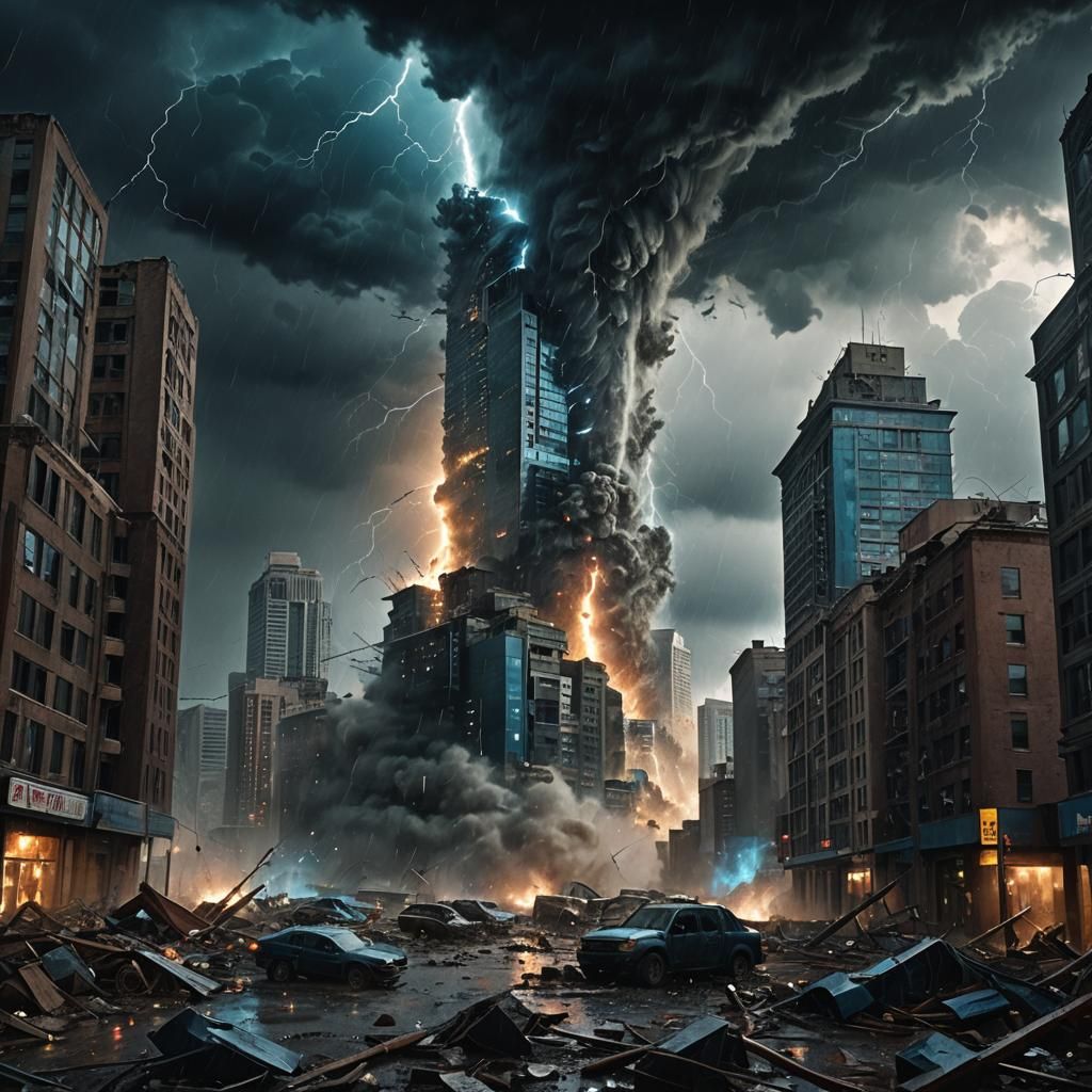 Dystopian City Swallowed by Tornado: Ominous Oil Painting