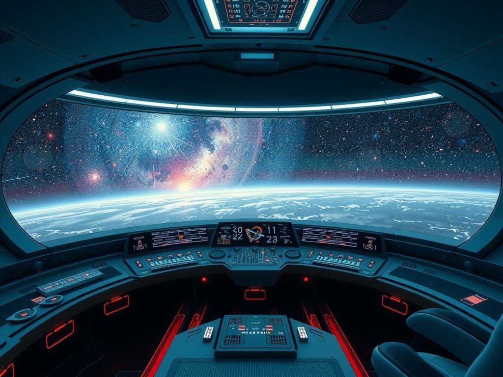 Futuristic Starship Bridge Explores Celestial Vastness