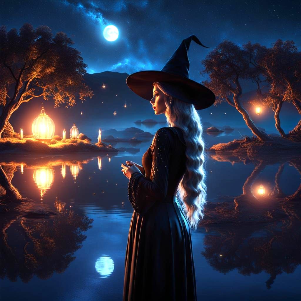 Fantasy Witch Gazing at Water Reflection
