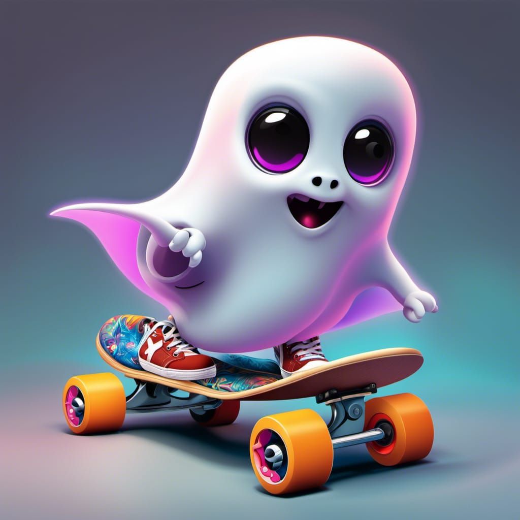 Cartoon Ghost on Skateboard in Photorealistic Style
