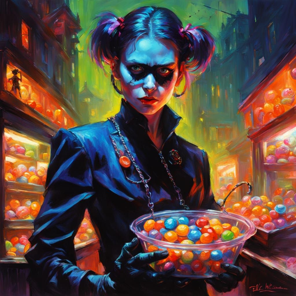 Hamster Masked Girl Stealing Candy in Neon Style