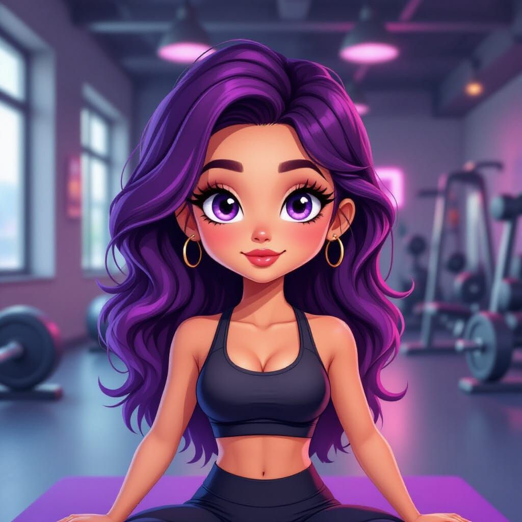 3D Cartoon Woman with Purple Hair in Pilates Pose