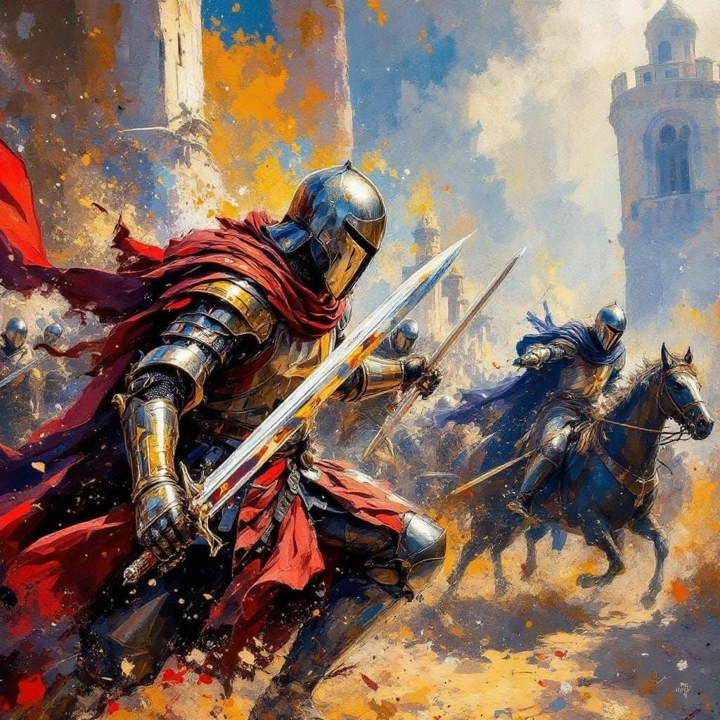 Knights Templar in Holy Land: Impressionist Gouache Watercol...