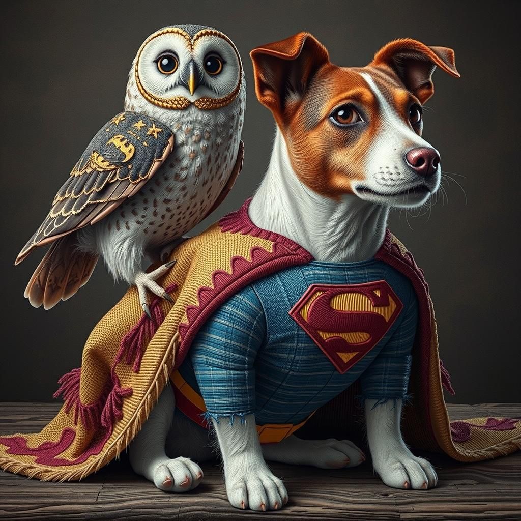 Owl Batman on Superman Dog: Hand-Embroidered 8K