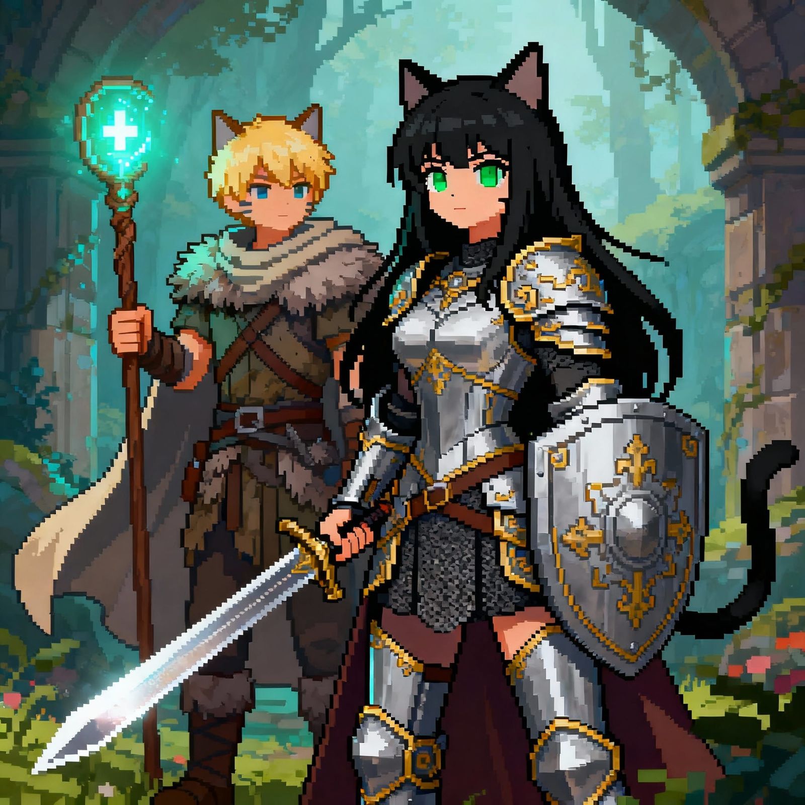 8-Bit Neko Paladin Guards Neko Healer in Fantasy Art