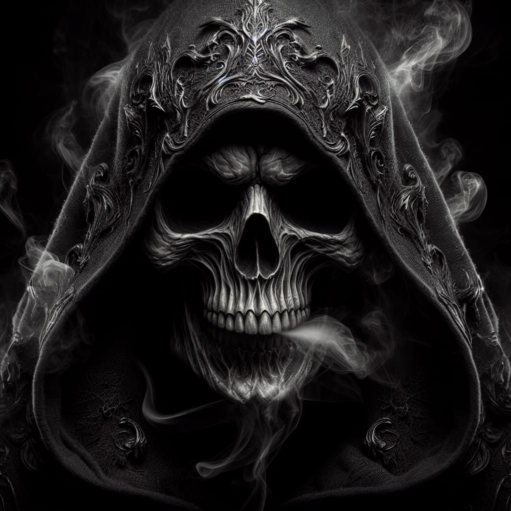 Grim Reaper's Face in Ornate Black Robe