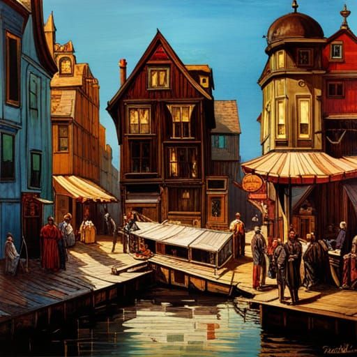 Eerie Gothic Town in Chaotic, Textured Oil Painting