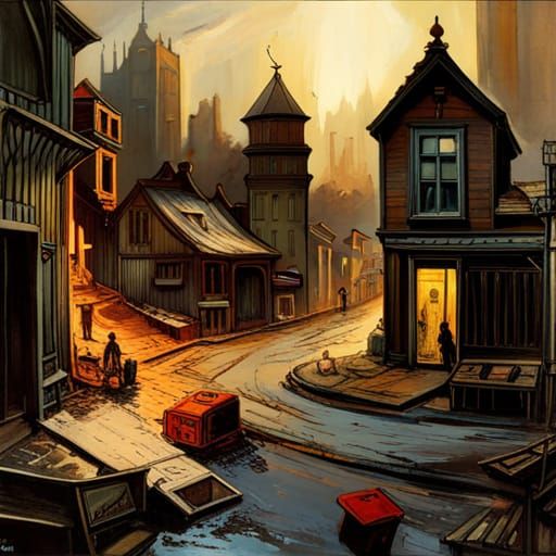 Eerie Gothic Town in Ruins: Oil on Canvas