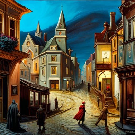 Eerie Gothic Town in Chaotic Mixed Media Collage