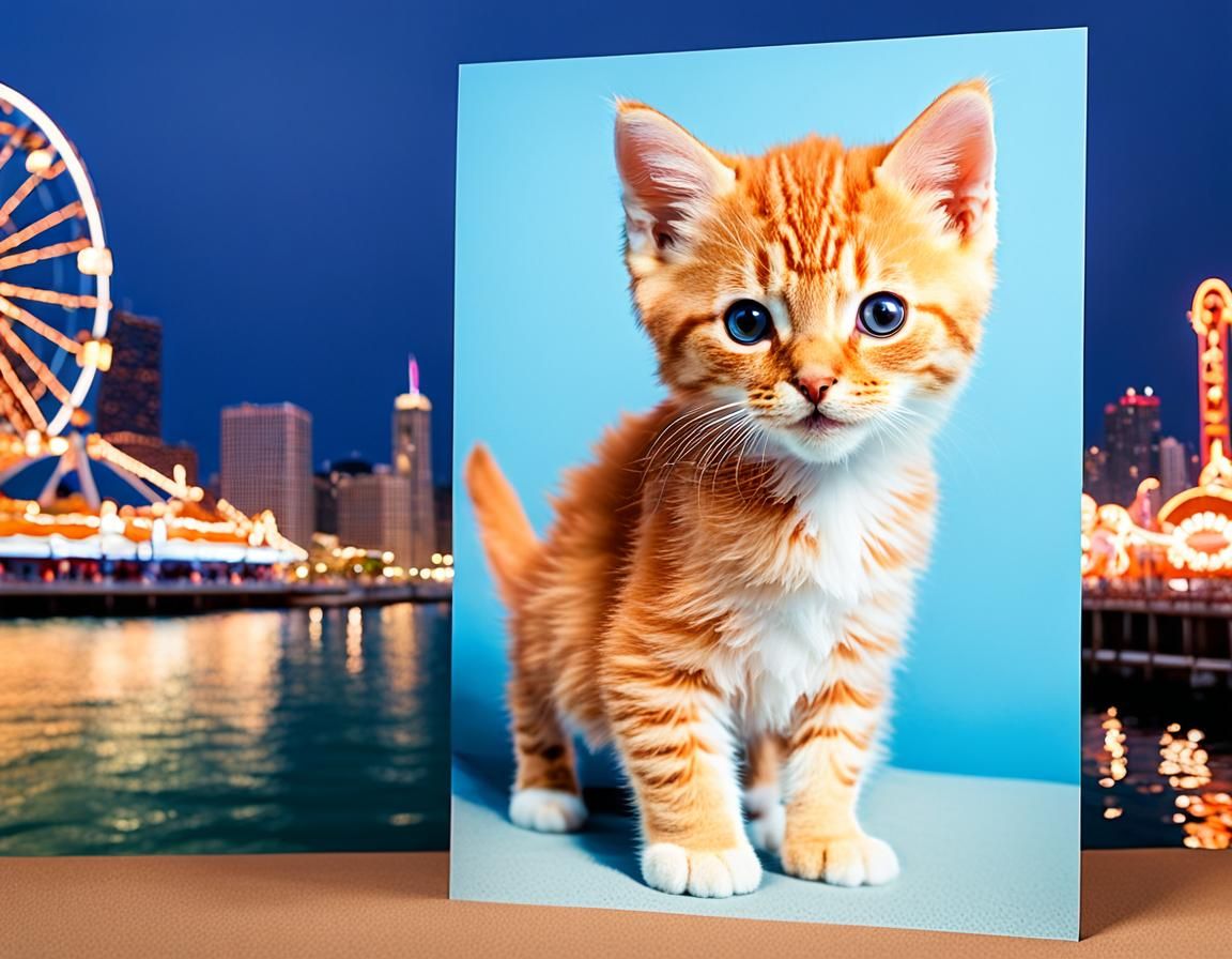 A Photo Paper Postcard  Chicago Navy Pier, orange kitten on ...