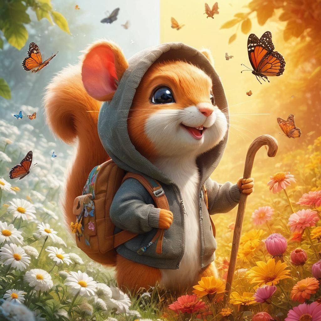 Squirrel's Floral Adventure: Vibrant Cartoon Concept Art