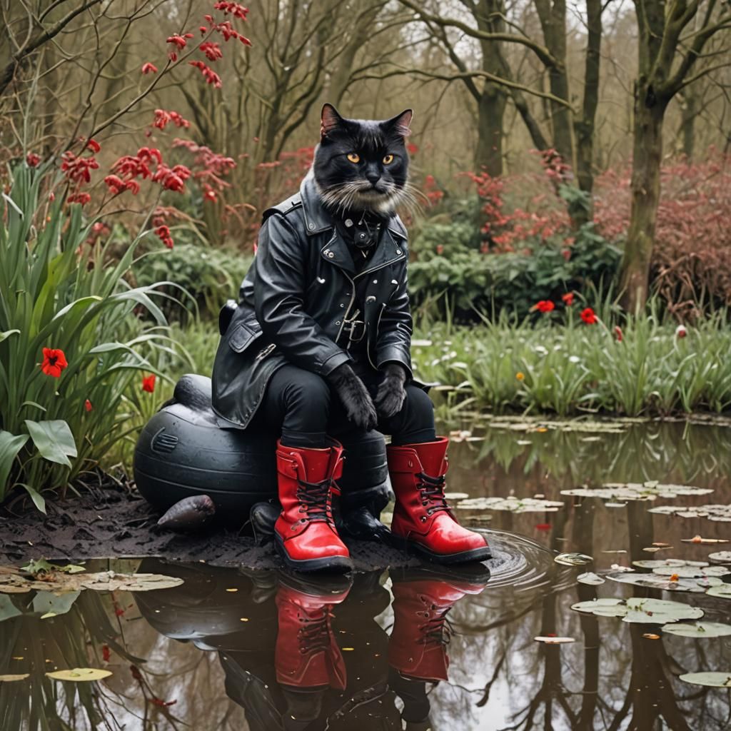 Gothic Cat Biker on Duck in Boot Pond