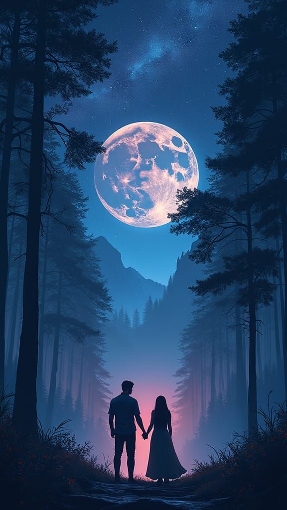 Couple Under Starry Sky in Fantasy Landscape