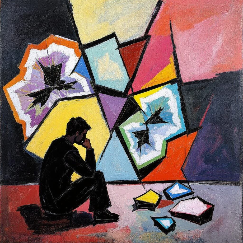 Abstract Figure with Shattered Geodes in Expressionist Style