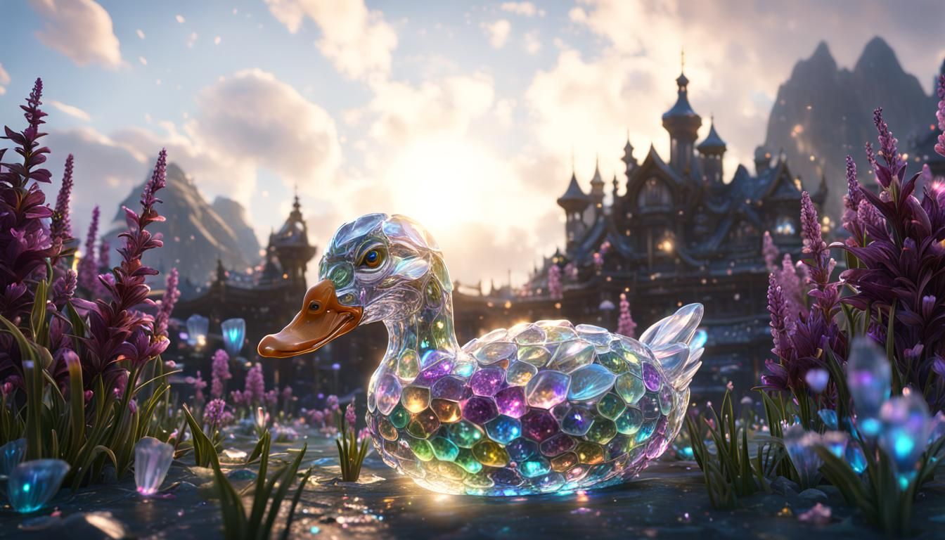 Cosmic Crystal Duck with Flowers in 8K