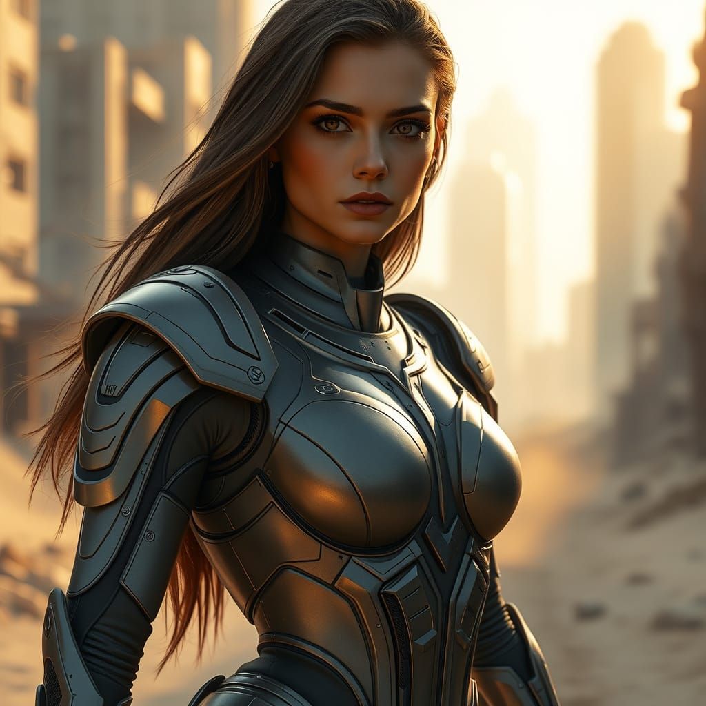 Futuristic Warrior Woman in Gleaming Armor