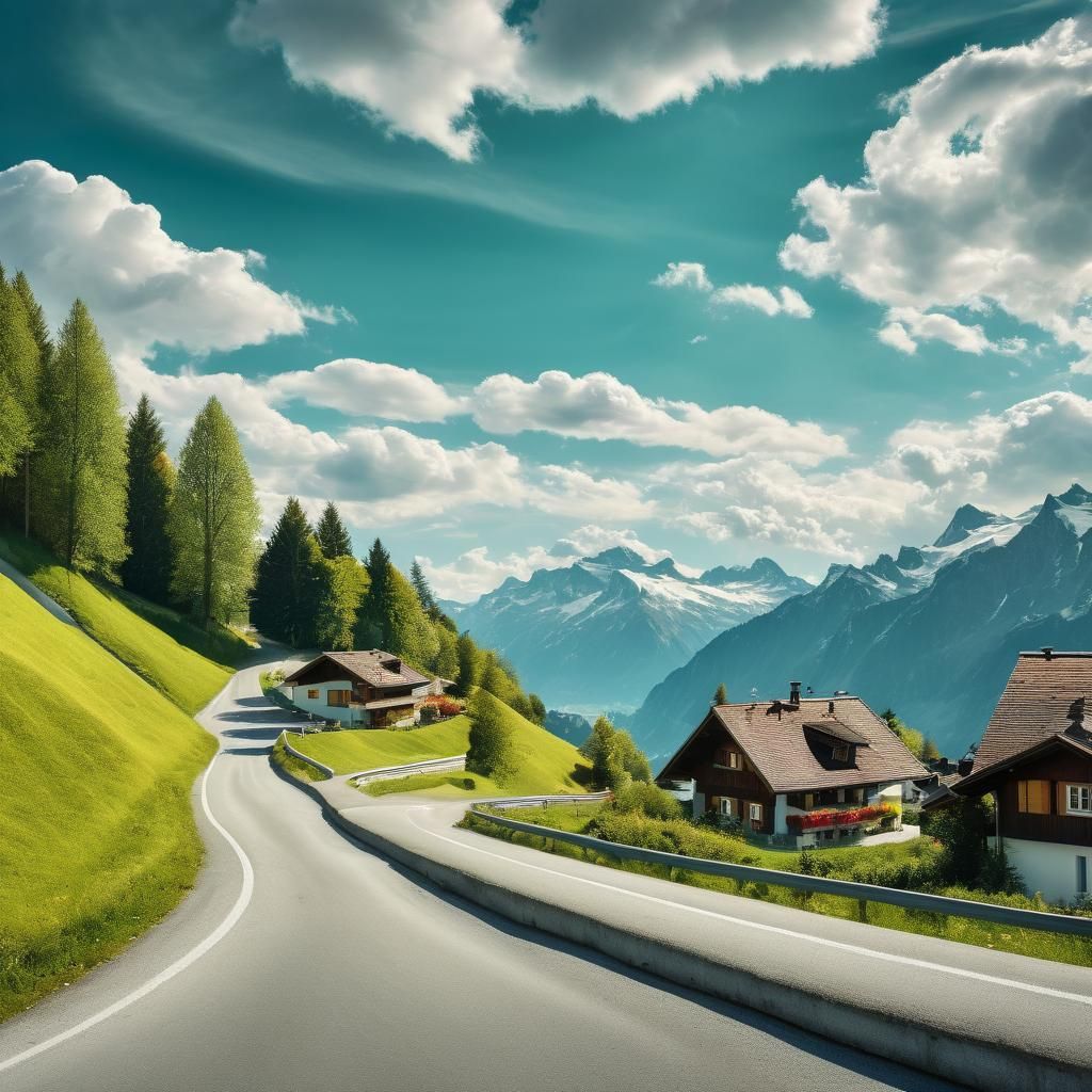 Scenic Swiss Mountain Road with Car: Oil Painting