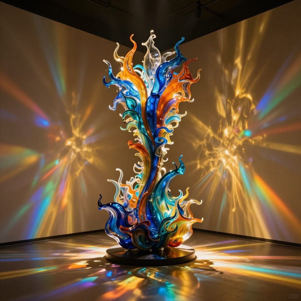 Dichroic Glass Sculpture With Rainbow Light Beams