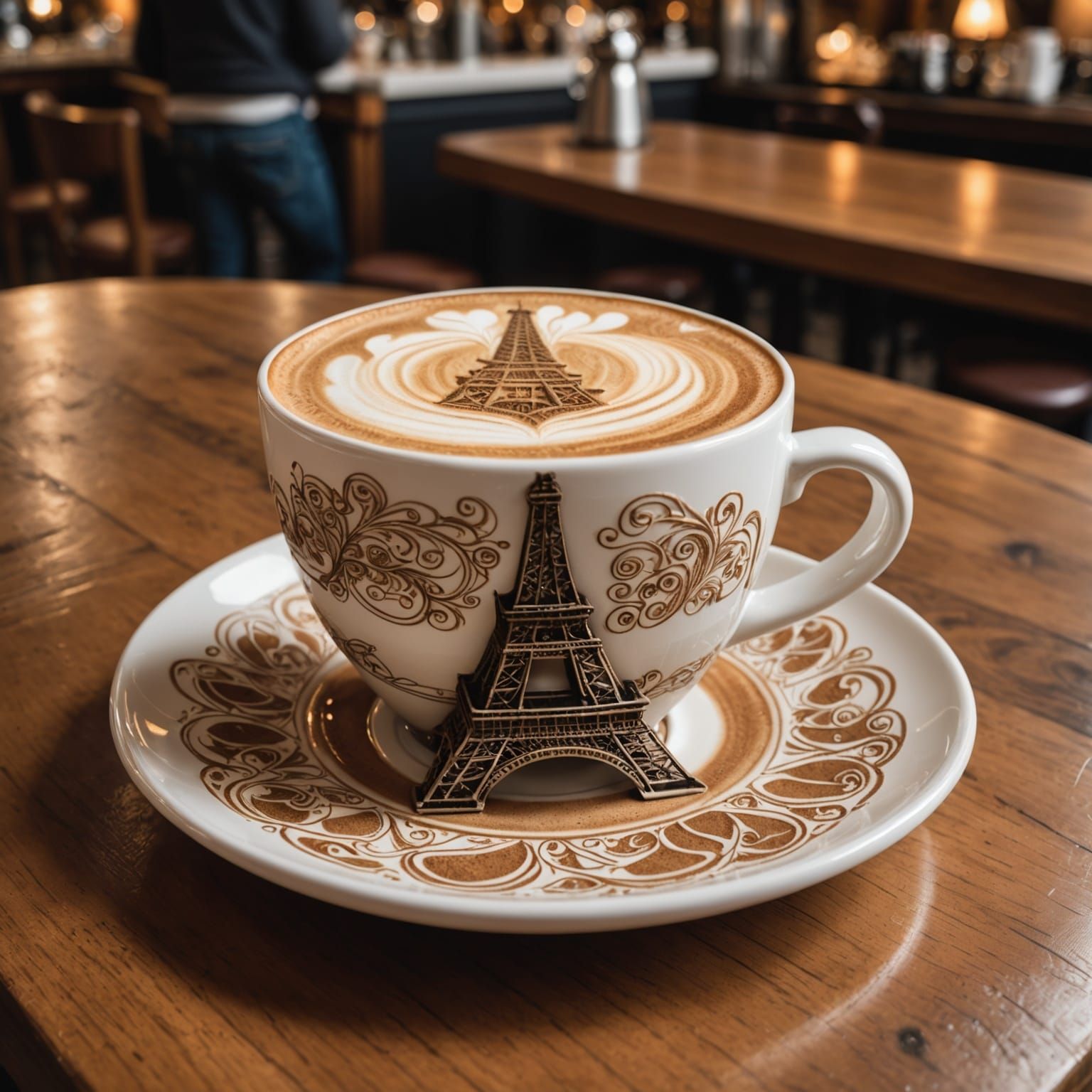 Eiffel Tower Latte Art in Parisian Cafe