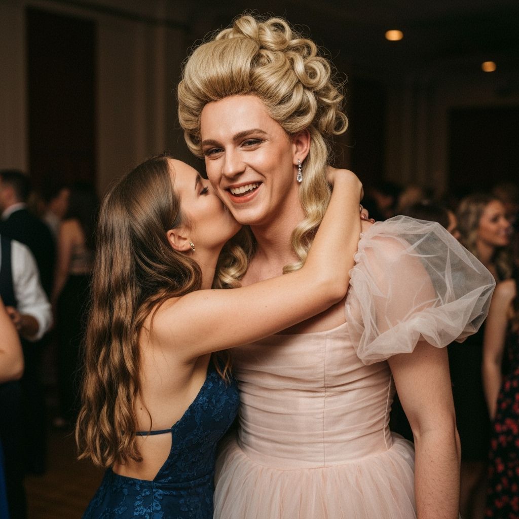 Crossdressing Man in Prom Dress, Tender Embrace