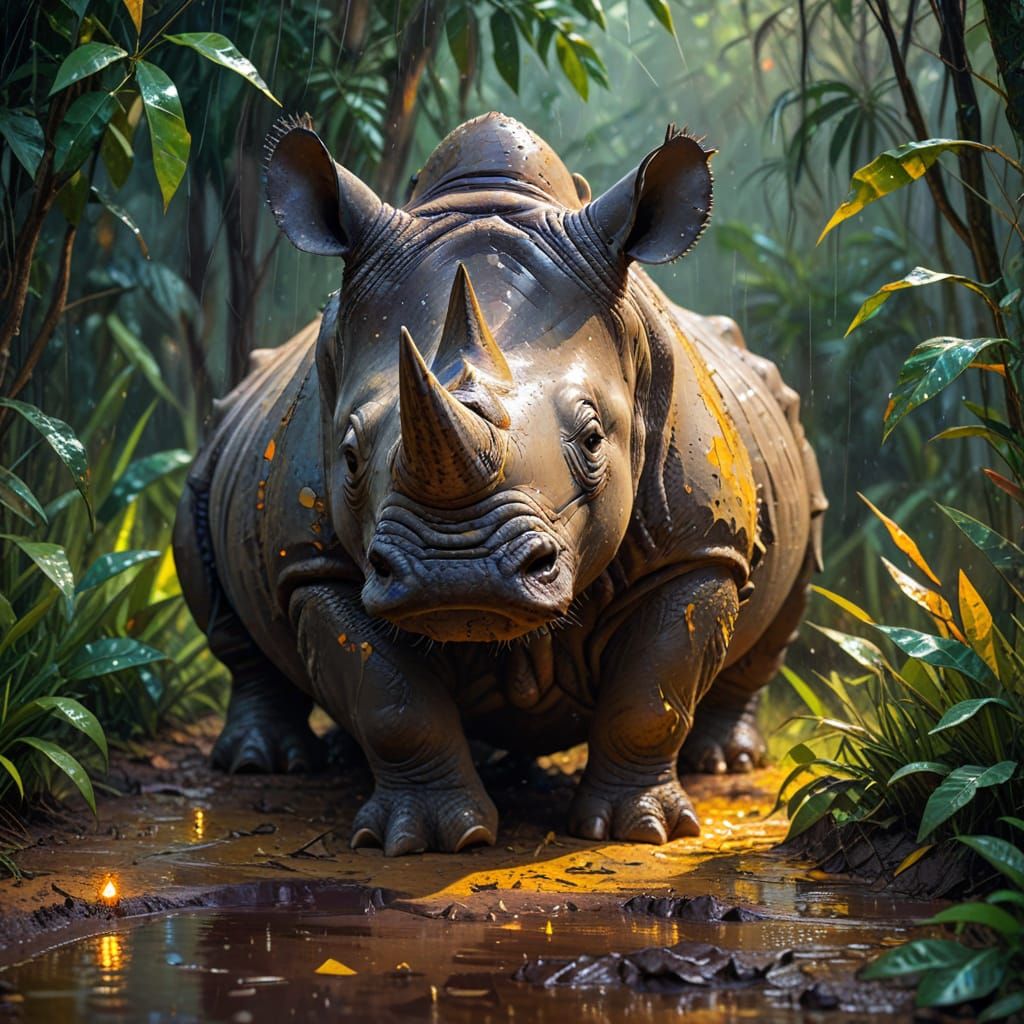 Low-Poly Rhino in Jungle: Rainy Day Macro