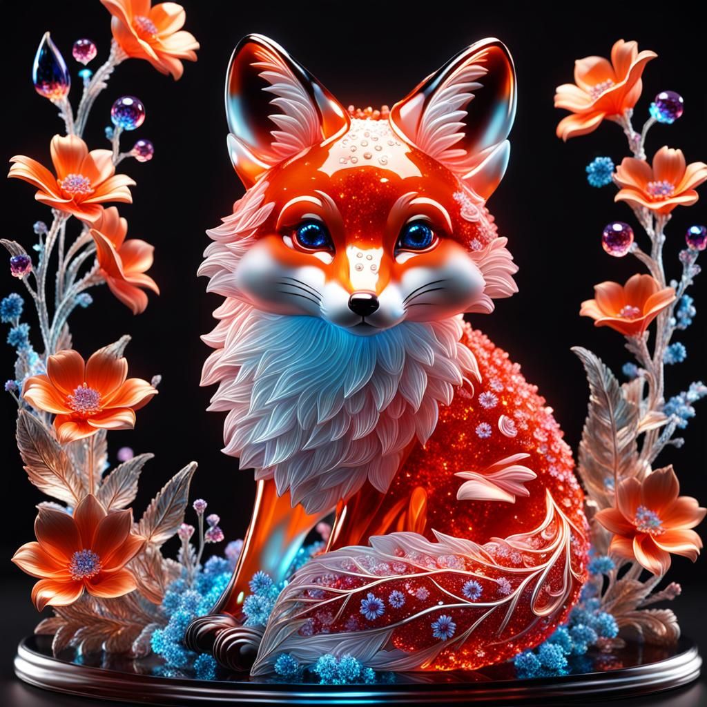 Bioluminescent Crystal Fox Sculpture: Hyperrealistic Digital...