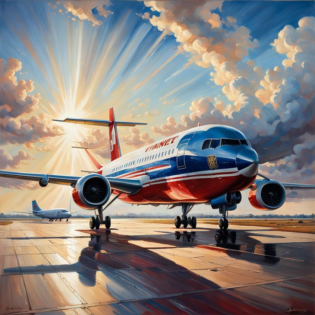Passenger Plane on Runway: Oil Painting by Gurney