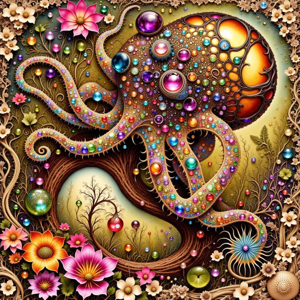 Vivid Baby Floral Octopus in Opalescent Fractal Style