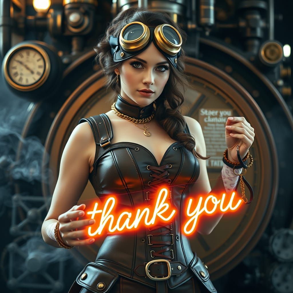 Steampunk Woman Holding Neon Thank You Sign