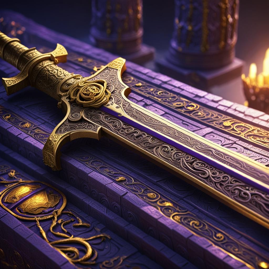 Ancient Gold Sword on Altar in Dark Fantasy Style