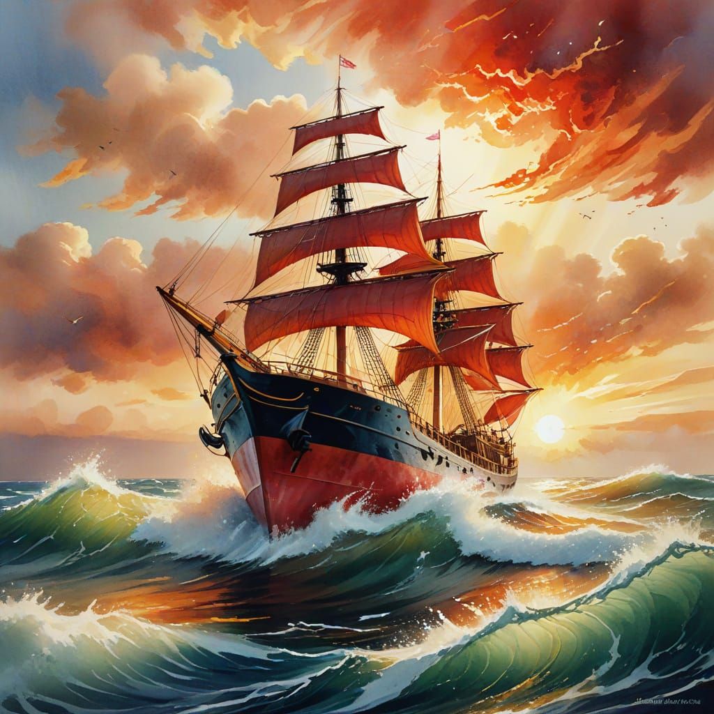 Red Ship on Rough Seas in Watercolor Style