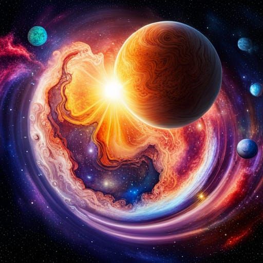 Fantasy Solar System in Ink Splash Art Style