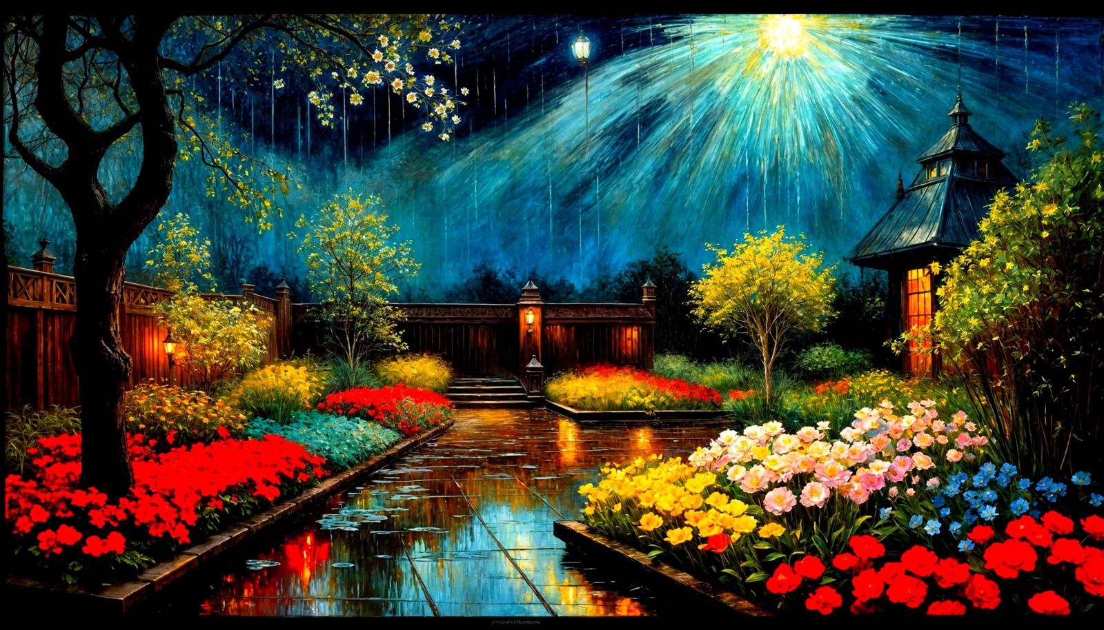 Vibrant Nighttime Garden Scene under Starry Sky