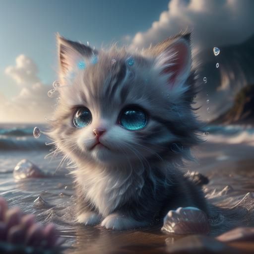Lonely Kitten Ghost on Empty Shore: Surreal Digital Art