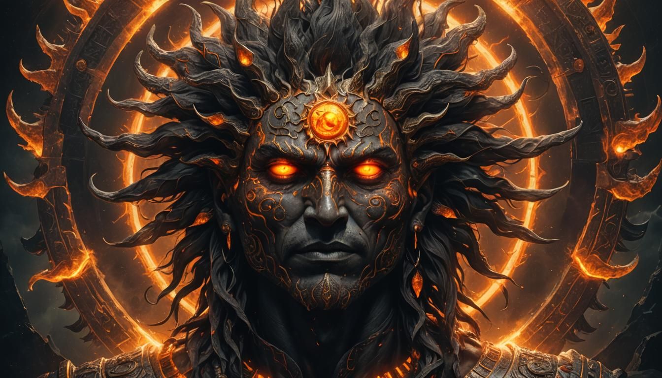 Sun God Portrait with Glowing Eyes in Dark Fantasy Style
