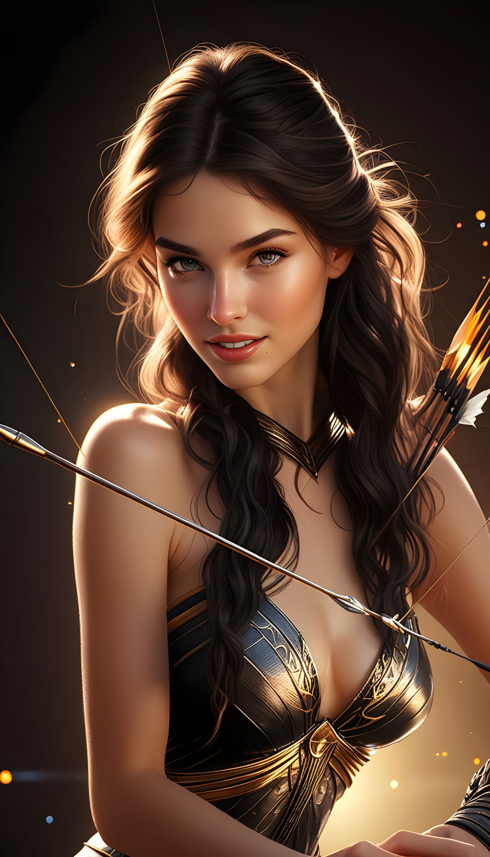 Graceful Woman Shoots Arrow with Volumetric Lighting
