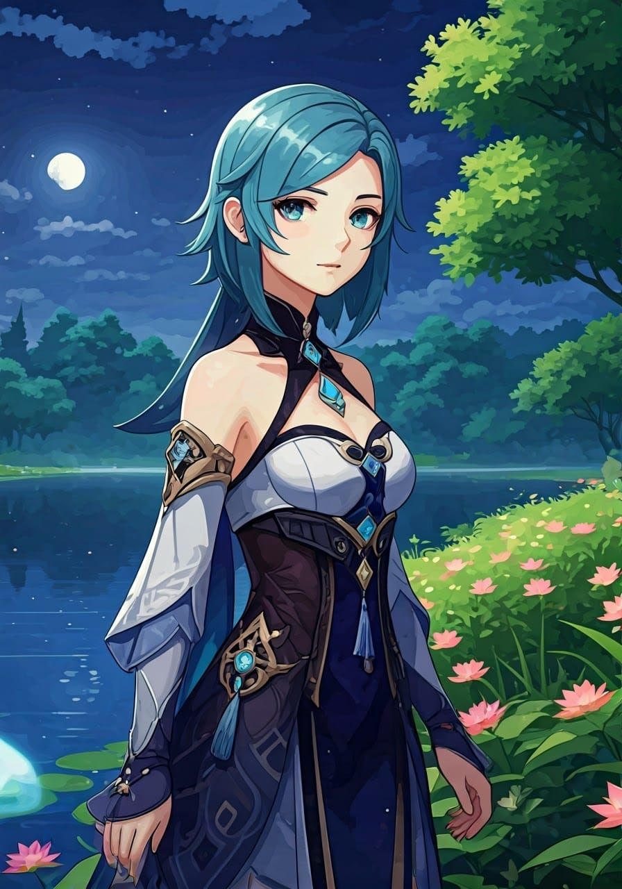 Yelan on Moonlit Lakeshore: Shinkai and Ghibli Style