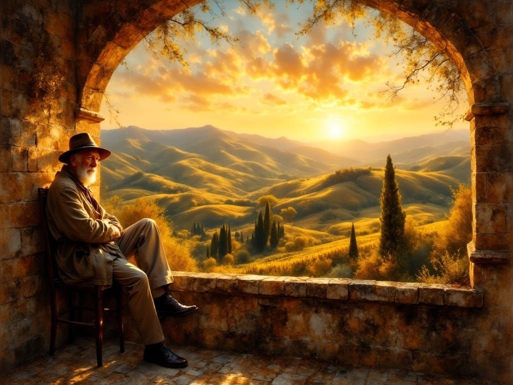 Elderly Man in Renaissance Loggia at Tuscan Sunset