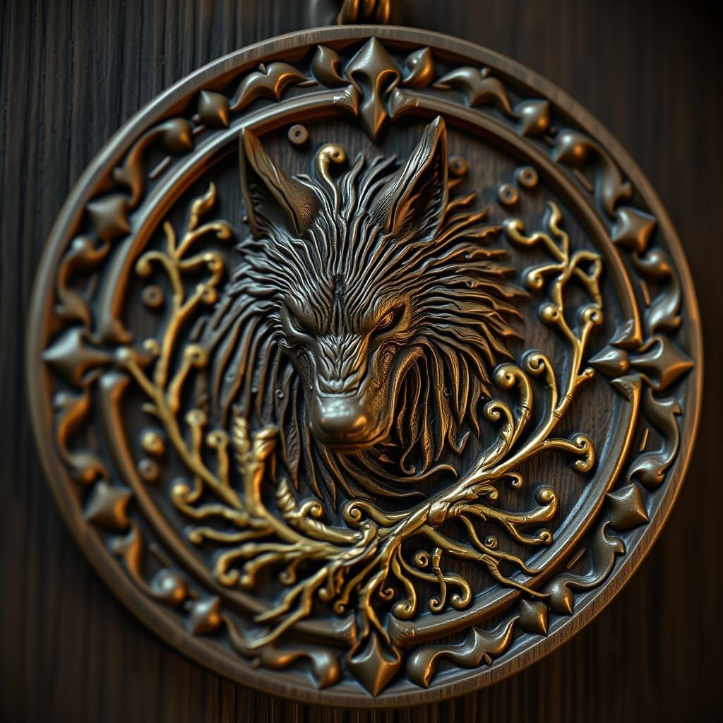 Ornate Wooden Wolf Medallion with Golden Vines