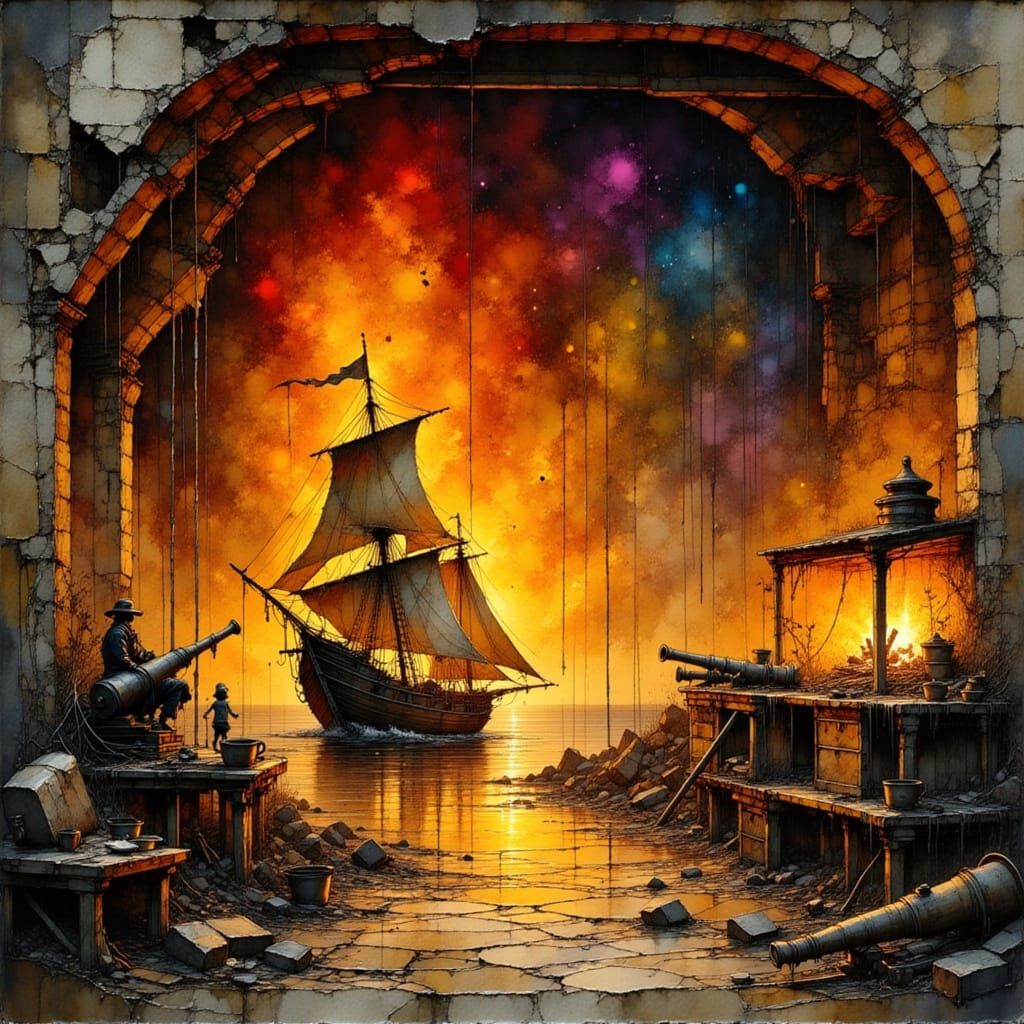 Burning Ship Sails Through Fireplace