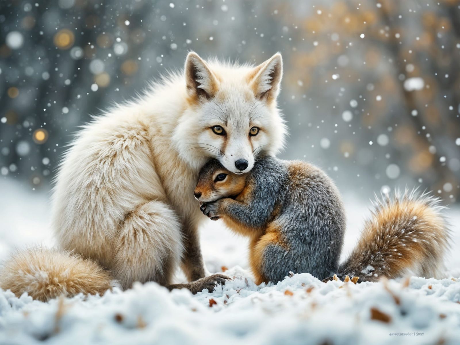 Gentle Arctic Fox and Grey Squirrel in Soft Snowy Landscape