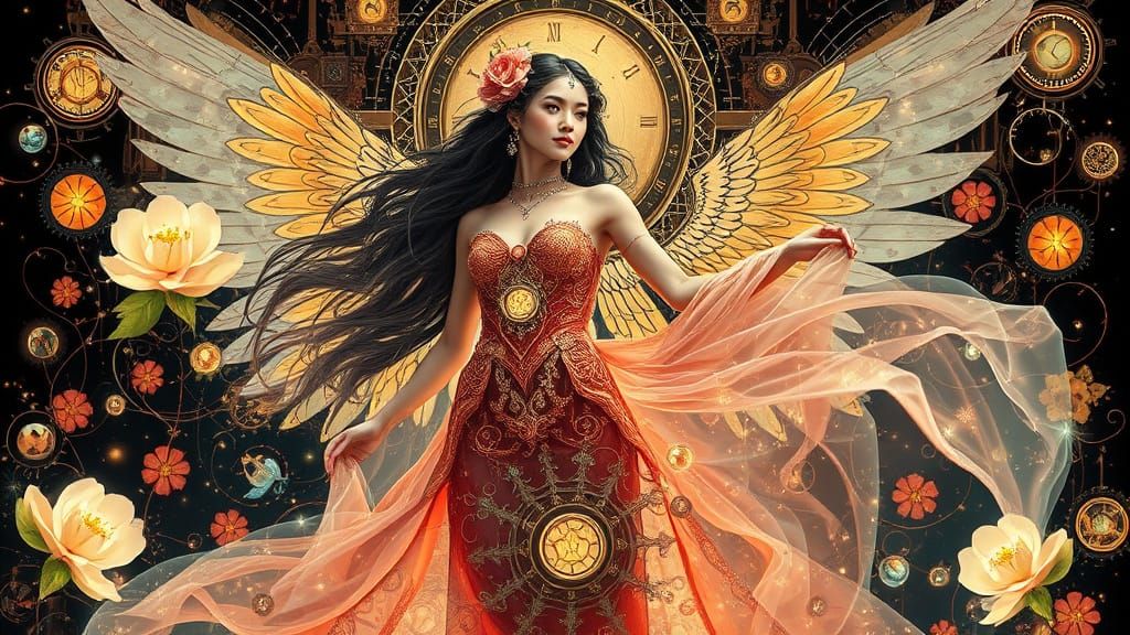 Celestial Goddess Entwined with Industrial Machinery in Stea...