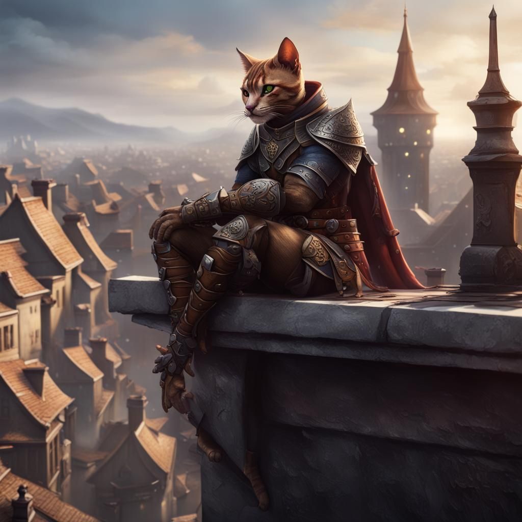 Epic Tabaxi Warrior Overlooking Medieval City